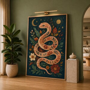 May include: A rectangular wall art print featuring a coiled snake with floral patterns on its body, set against a dark blue background with a crescent moon, sun, and stars, surrounded by various colourful flowers and green leaves.
