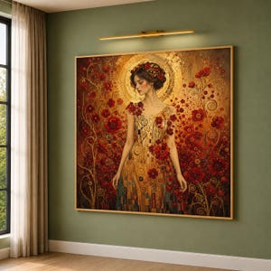 Könnte beinhalten: Ein quadratischer Wandkunstdruck, der eine Person mit dunklem Haar zeigt, das mit roten Blumen geschmückt ist, und ein goldfarbenes Kleid mit komplexen Mustern trägt. Der Hintergrund ist mit leuchtend roten Mohnblumen und goldenen Ornamenten gefüllt.