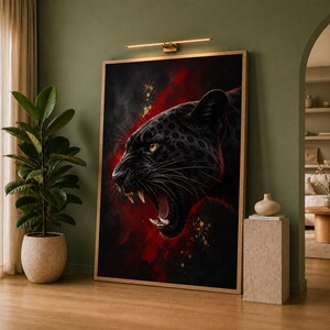 Schwarzer Panther auf Leinwand, Kunstdruck mit rot-schwarzem Tiermotiv, Porträt eines wilden Leoparden, Wanddekoration mit Wildtiermotiven, Kunstwerk einer Großkatze, Geschenk für Tierliebhaber