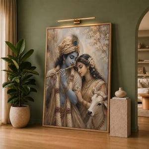 May include: A framed wall art print depicting a blue-skinned figure playing a wooden flute alongside a woman and a white cow. The figures wear ornate gold jewellery, headpieces, and light-coloured garments in a soft, painterly style with warm tones.