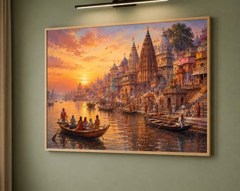 Varanasi India Canvas Painting, Ganges River Wall Art, Hindu Temple Print, Indian Cityscape Decor, Ready to Hang, Travel Lover Gift