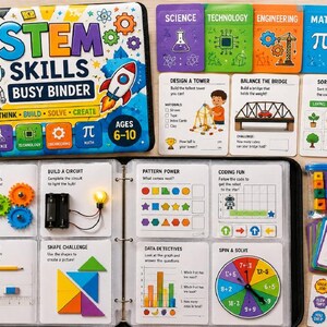Puede incluir: Un kit educativo STEM Skills Busy Binder que incluye una carpeta negra con una cubierta colorida, varias tarjetas de actividades sobre ciencia, tecnología, ingeniería y matemáticas, engranajes de plástico y una rueda giratoria.