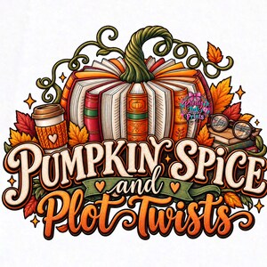 Pumpkin Spice och Plot Twists-bok PNG trendig digital design DTF