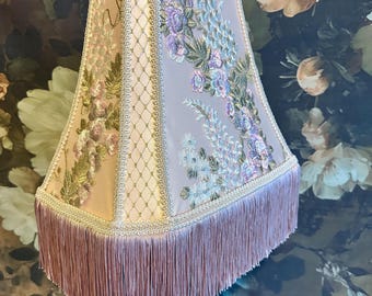Floral Embroidered Lampshade, Ivory Champagne, Dusty Mauve Fringe, Handmade Victorian Style