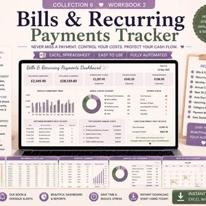 May include: A digital Bills & Recurring Payments Tracker Excel spreadsheet displayed on a laptop screen, featuring a dashboard with charts, monthly commitment trends, and payment status tables in a soft purple and white colour scheme.
