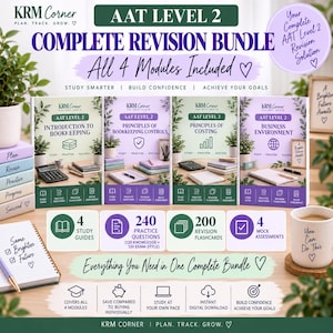 Könnte beinhalten: Ein komplettes AAT Level 2 Revisionspaket mit vier Studienführern mit den Titeln Introduction to Bookkeeping, Principles of Bookkeeping Controls, Principles of Costing und Business Environment sowie Symbolen für 240 Übungsfragen, 200 Lernkarten und 4 Probeprüfungen.