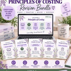 May include: AAT Level 2 Principles of Costing revision bundle featuring a laptop displaying study materials, five printed booklets, and a white mug with text. The design includes lavender floral accents, purple headers, and motivational phrases.