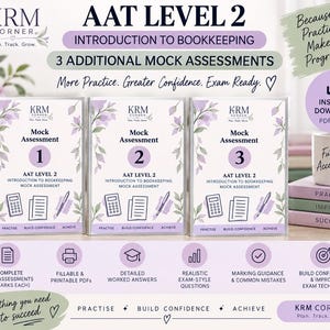May include: Three AAT Level 2 Introduction to Bookkeeping mock assessment booklets with purple floral accents. Each cover features a calculator, document, and pen icon. Text includes 'Mock Assessment 1, 2, 3' and 'Practise, Build Confidence, Achieve'.