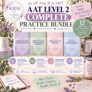 May include: A digital study bundle for AAT Level 2 featuring four pastel-coloured books titled Introduction to Bookkeeping, Principles of Bookkeeping Controls, Principles of Costing, and Business Environment, with icons and text detailing 12 mock assessments.