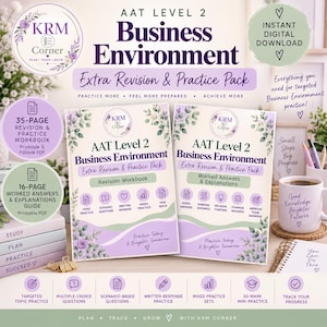 Peut inclure: Une ressource d'étude numérique intitulée AAT Level 2 Business Environment Extra Revision & Practice Pack. Elle comprend un cahier de révision de 35 pages et un guide de réponses de 16 pages, avec des accents floraux violets et verts.