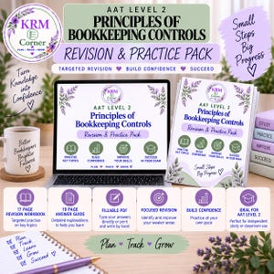 May include: AAT Level 2 Principles of Bookkeeping Controls revision and practice pack featuring a laptop, a printed workbook, a mug with text, and a spiral notebook. The materials include purple and green floral accents and text.