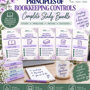 May include: A digital study bundle for AAT Level 2 Principles of Bookkeeping Controls featuring five instructional guides, a notebook with the text Small steps, Big progress, You can do this, a purple pen, and a mug with the text Knowledge today Opportunities tomorrow.