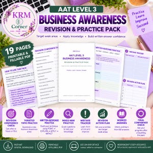 May include: A 19-page printable and fillable PDF revision and practice pack for AAT Level 3 Business Awareness. The document includes a revision confidence checklist, written-response practice sheets, a mistake tracker, and an action plan.