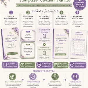 May include: AAT Level 2 Introduction to Bookkeeping complete revision bundle featuring a study guide, 50 flashcards, 60 practice questions, a full mock assessment, and an answer mark scheme, all decorated with purple floral illustrations.