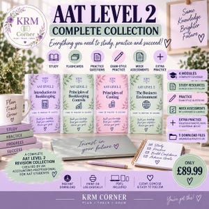 May include: AAT Level 2 Complete Collection study materials featuring four books titled Introduction to Bookkeeping, Principles of Bookkeeping Controls, Principles of Costing, and The Business Environment. Includes a laptop, pen, notebook, and study guides.
