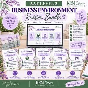 May include: A digital AAT Level 2 Business Environment revision bundle featuring a laptop displaying study materials, five printed guide booklets, and a checklist of included resources like practice questions, flashcards, and a mock assessment.