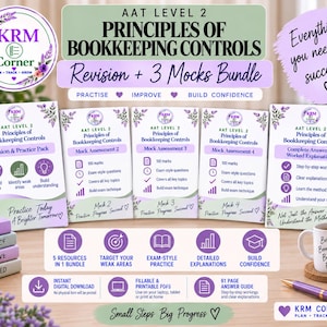 May include: A digital study bundle for AAT Level 2 Principles of Bookkeeping Controls, featuring five documents including a revision pack, three mock assessments, and an answer guide. The set includes purple and green branding, icons, and text.