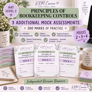 May include: A set of three AAT Level 2 Principles of Bookkeeping Controls mock assessment booklets labelled Mock 2, Mock 3, and Mock 4. Each booklet features floral accents, space for name and date, and indicates 100 marks and 1 hour 30 minutes duration.