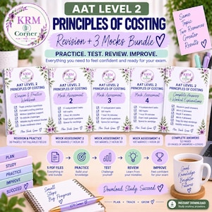 May include: A digital study bundle for AAT Level 2 Principles of Costing, featuring five documents including a revision workbook, three mock assessments, and an answer guide. Includes a white mug with text, a spiral notebook, and a pen with KRM Corner branding.