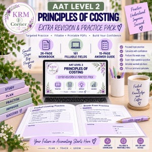 May include: A digital study resource titled AAT Level 2 Principles of Costing Extra Revision and Practice Pack, featuring a 26-page workbook, 161 fillable fields, and a 15-page answer guide. The set includes a laptop, a mug, and a pen.