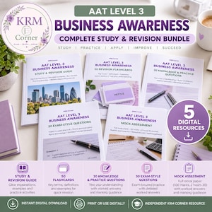 May include: AAT Level 3 Business Awareness complete study and revision bundle featuring five digital resources including a study guide, 50 flashcards, 30 knowledge and practice questions, 30 exam-style questions, and a mock assessment with 100 marks.