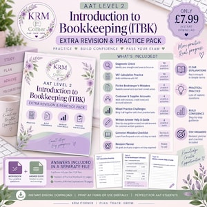 Puede incluir: Una guía de estudio digital titulada AAT Level 2 Introduction to Bookkeeping (ITBK) Extra Revision & Practice Pack. El documento presenta detalles florales morados, una lista de materiales de práctica, pruebas de diagnóstico, ejercicios de cálculo de IVA y un planificador de revisión. Incluye un archivo de respuestas separado.