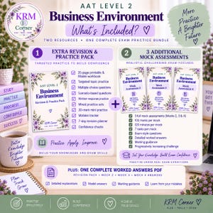 May include: A digital educational resource bundle for AAT Level 2 Business Environment, featuring a 35-page revision pack, three mock assessments, and a worked answers PDF. The design uses purple text and floral accents on a white background.