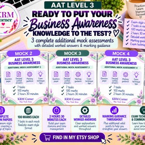 May include: A set of three AAT Level 3 Business Awareness mock assessments featuring question papers, detailed worked answers, and marking guidance. The text includes 7 tasks, 100 marks, and 2 hours 30 minutes per mock. KRM Corner branding is visible.