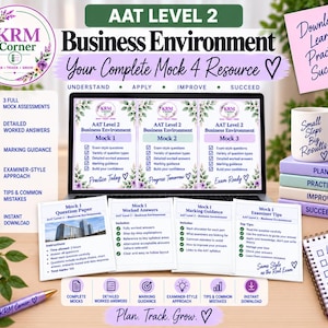 May include: A digital study resource for AAT Level 2 Business Environment featuring a laptop displaying three mock exams, printed question papers, marking guides, examiner tips, a branded mug, a spiral notebook, and a pen, all labelled with study goals.