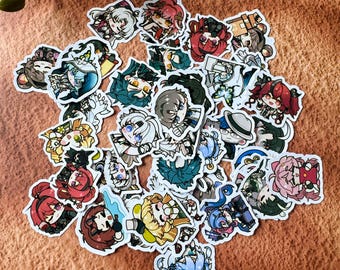 May include: A collection of numerous small, die-cut vinyl stickers featuring colorful anime-style chibi characters with diverse hair colors, outfits, and expressions, scattered in a pile with white borders around each individual illustration.