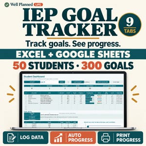 Puede incluir: Una hoja de cálculo digital IEP Goal Tracker para Excel y Google Sheets mostrada en una pantalla de portátil. La interfaz muestra un panel de control del estudiante con columnas para objetivos, progreso y estado. Texto: Well Planned Life, 9 Tabs, 50 Students, 300 Goals.