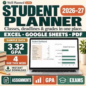 May include: A 2026-27 student planner digital template displayed on a laptop screen. The interface shows a student dashboard with course data, GPA, and assignment tracking. Text includes Well Planned Life, Student Planner, and Excel Google Sheets PDF.