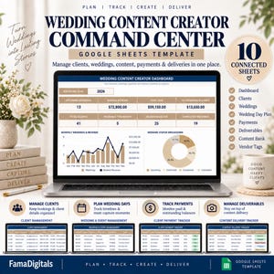 May include: A digital Wedding Content Creator Command Center Google Sheets template displayed on a laptop screen. The interface features a dashboard with charts, financial data, and tabs for managing clients, payments, and wedding content deliverables.