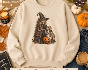 Witch and Dog Skeleton Pumpkin Halloween Sweatshirt, T-Shirt & Hoodie | Vintage Design
