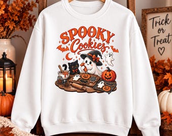 Spooky Cookies Halloween Crewneck Sweatshirt | Ghost, Cat & Pumpkin Design