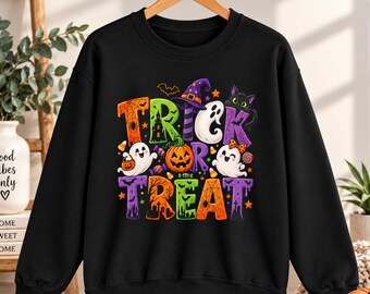 Trick or Treat Halloween-trui met ronde hals | Spoken, katten en pompoenen