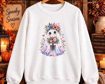 Spookjes-sweatshirt met bloemenprint | Halloween-trui met aquarelprint | Herfstcadeau voor haar