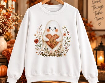 Ghost Holding Heart GraphicSweatshirt, Hoodie And T-Shirt | Autumn Floral Cozy Sweatshirt