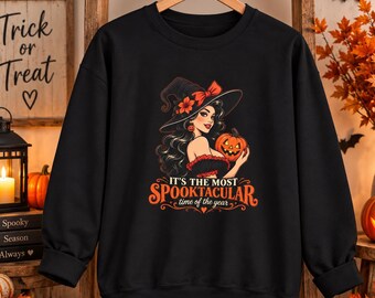 Vintage Pinup Witch Holding Pumpkin Crewneck Sweatshirt | Spooktacular Halloween