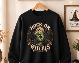 Rock On Witches Graphic Sweatshirt, Hoodie And T-Shirt — Retro Witch Guitar Halloween Shirt