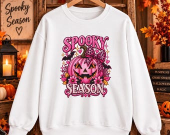 Spooky Season roze pompoen trui met ronde hals | Halloween retro graphic