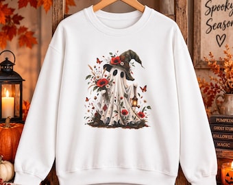 Spook in heksenhoed sweatshirt | Bloemenprint Halloween: spook, lantaarn, klaprozen