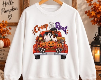 Creep It Real spook- en pompoenen-trui met ronde hals | Halloween-truckdesign