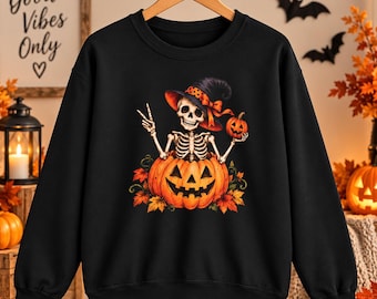 Skeletheks in pompoen Halloween-sweatshirt | Spooky herfst-trui met ronde hals