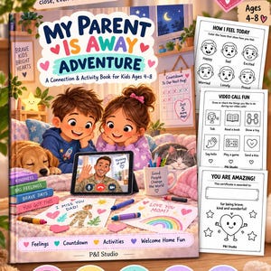 Könnte beinhalten: Ein 30-seitiges druckbares Aktivitätsbuch mit dem Titel My Parent Is Away Adventure für Kinder von 4-8 Jahren. Das Cover zeigt zwei Kinder mit Hund und Katze, ein Tablet bei einem Videoanruf und bunte Zeichnungen. Enthält Seiten für Gefühle und Aktivitäten.