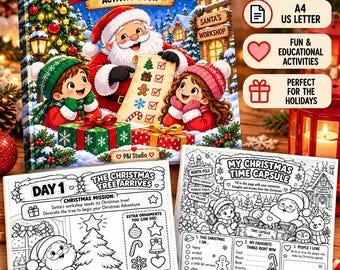 Può includere: Un libro di attività Christmas Countdown Adventure da 30 pagine, con una copertina colorata che mostra Babbo Natale e dei bambini, oltre a due fogli di attività in bianco e nero con una missione sull'albero di Natale e una capsula del tempo.
