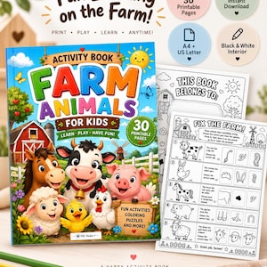 May include: A colorful activity book titled Farm Animals for Kids featuring illustrations of a horse, cow, pig, sheep, and chick. The cover includes the text Fun Learning on the Farm and 30 Printable Pages. Includes black and white interior pages.