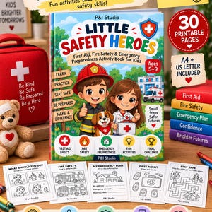 Puede incluir: Un libro de actividades Little Safety Heroes para niños de 5 a 9 años, con ilustraciones de un bombero y un médico con un cachorro. La portada incluye texto sobre primeros auxilios y seguridad contra incendios. Cinco páginas de muestra se ven debajo.