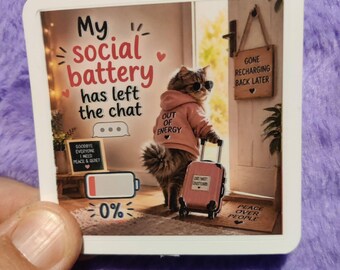 Tomt batteri, Rolig kattklistermärke, Social Batteri Vänster Chatt, Trött Kattklistermärke (Vinyl)