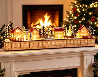 Wooden Advent Calendar, 24 Drawer Christmas Countdown, Light Up Christmas Village, Reusable Holiday Decor, Christmas Gift